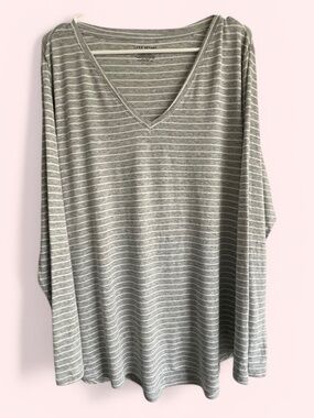Lane Bryant Gray/White Striped V-Neck Long Sleeve Shirt Size 18-20